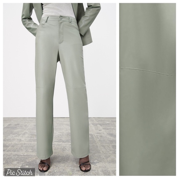 NWT. Zara Sea Green Faux Leather High-waisted Trousers/Pants. Size XS. - Picture 1 of 9